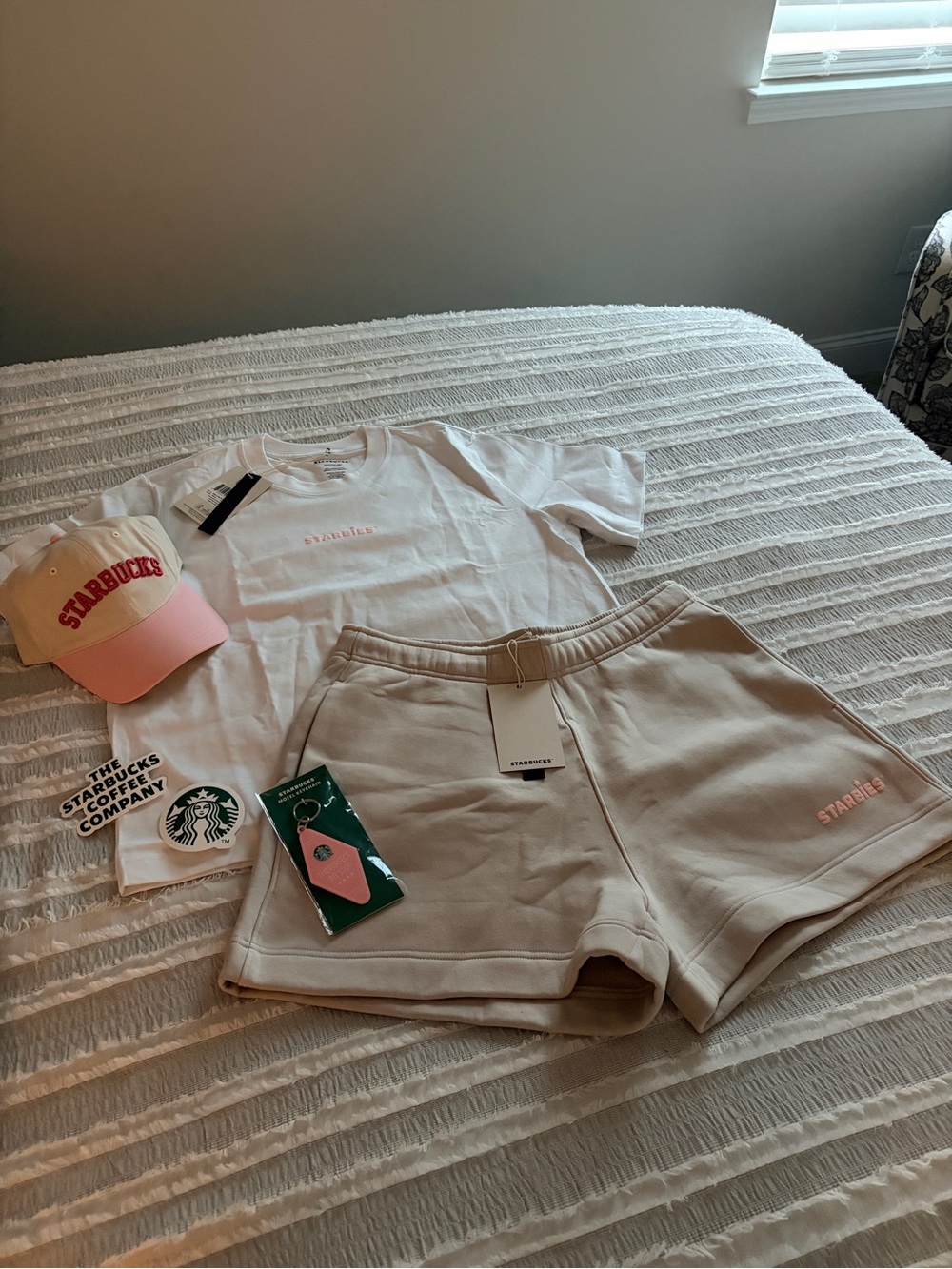 Starbucks Beige Athletic Shorts with Pink Logo